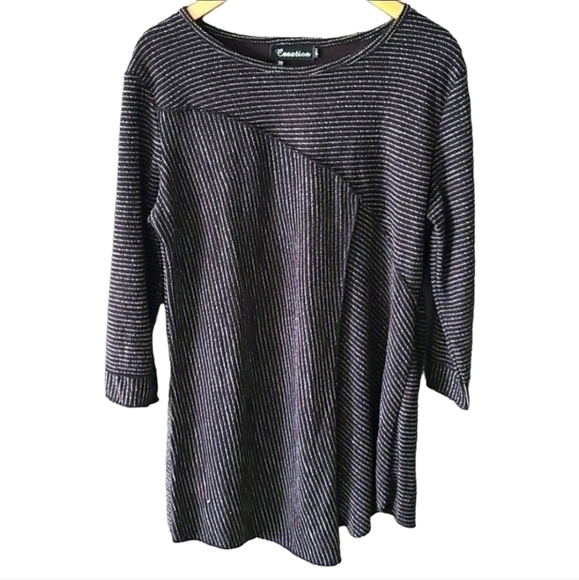 CREATION Striped Asymmetrical Hem 3/4 Sleeve Gray Tunic Top Size SM NWT - Picture 1 of 7